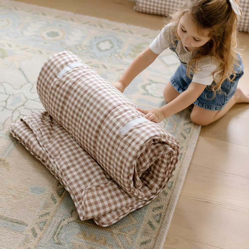 Bloomere Organic Toddler Nap Mat – 100% Cotton Fabric Kids Washable Sleeping Mat & Detachable Pillow – Sleeping Bag with Soft 1.5” Pad – Nap Mat for Daycare, Preschool, & Sleepovers (Brown Gingham)