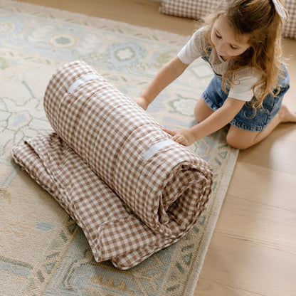 Bloomere Organic Toddler Nap Mat – 100% Cotton Fabric Kids Washable Sleeping Mat & Detachable Pillow – Sleeping Bag with Soft 1.5” Pad – Nap Mat for Daycare, Preschool, & Sleepovers (Brown Gingham)