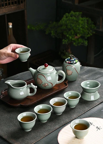 Porcelain Chinese Gongfu Tea Set | Ge Kiln Ceramics Tea maker and Infuser,Portable All in One Gift Bag for Travel,Home,Gifting,Outdoor and Office (哥窑陶瓷功夫茶具11件套装)