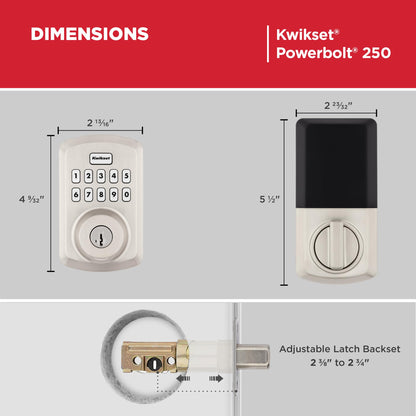 Kwikset Powerbolt 250 10-Button Keypad Satin Nickel Transitional Electronic Deadbolt Door Lock, Featuring Convenient Keyless Entry, Customizable User Codes, Auto Locking