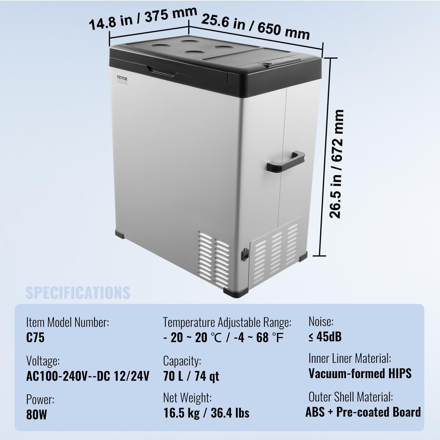 VEVOR 12 Volt Car Refrigerator Fridge, 70Liter(74qt) Single Zone Portable Freezer, -4℉-68℉ Adjustable Range, 12/24V DC and 100-240V AC Compressor Cooler for Outdoor, Camping, RV, Silver