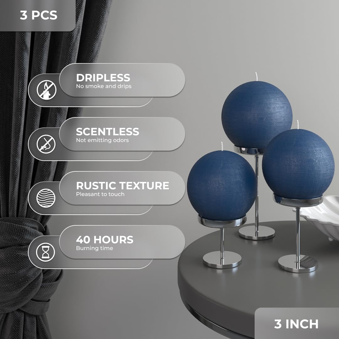 CANDWAX Set of 3 Round Candles Ball 3 inch - Royal Blue Spheres - Perfect as Wedding Decor and as Spheres for Home Decor - Long Burning Unscented Smokeless Dripless Navy Blue Candles