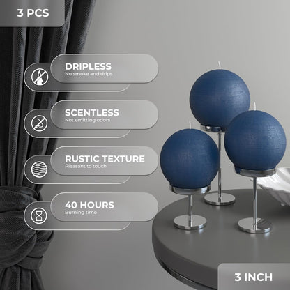 CANDWAX Set of 3 Round Candles Ball 3 inch - Royal Blue Spheres - Perfect as Wedding Decor and as Spheres for Home Decor - Long Burning Unscented Smokeless Dripless Navy Blue Candles