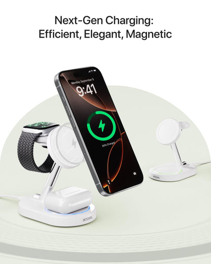 Intoval Fast Charging Station for Magsafe Apple Devices, Wireless Charger for MagSafe iPhones, 3 in 1 Magnetic Charger Stand for iPhone16/15/14/13, Apple Watch & AirPods