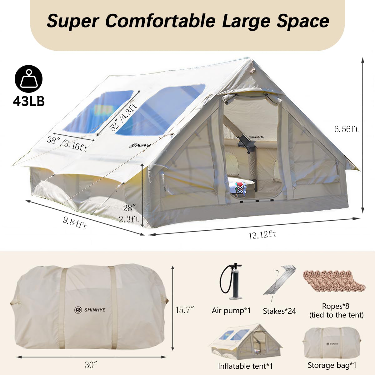 Inflatable Tent for Camping Large Blow Up Tent Glamping Tent 4-8 Person House, Easy Set up Waterproof Outdoor Oxford Tents, 4 Season Air Tents with Pump (130 sq ft Beige Air Tent)