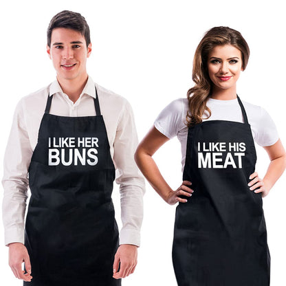 Funny Apron & Gift Bag (Black) - I Like her Buns, I Like His Meat, Kitchen Apron, Cooking Apron For Girlfriend, Boyfriend, Best Friend - Couple Gift, Birthday, Anniversary, Wedding Gift Idea - ForkIt