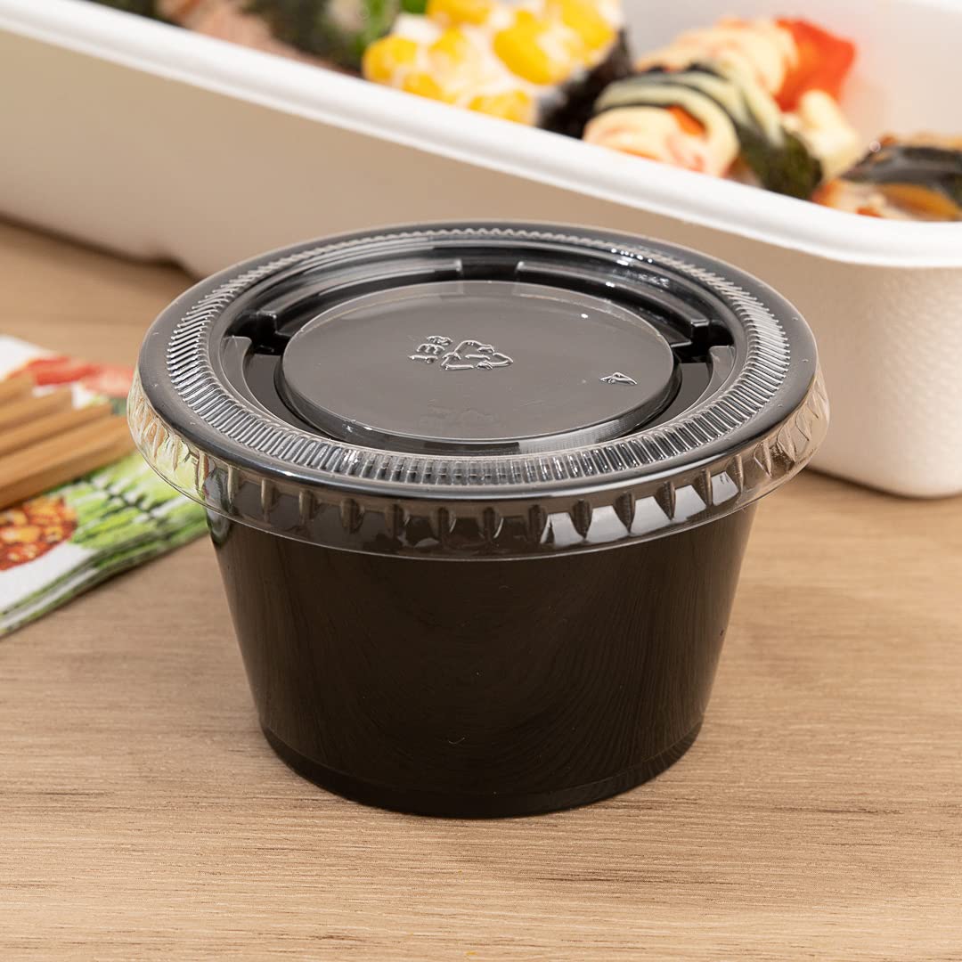 Restaurantware RW Base 4 Ounce Sauce Cups 2000 Microwave-Safe Condiment Cups - Crack-Resistant Disposable Black Plastic Portion Cups For Samples Sauces Or Toppings Lids Sold Separately