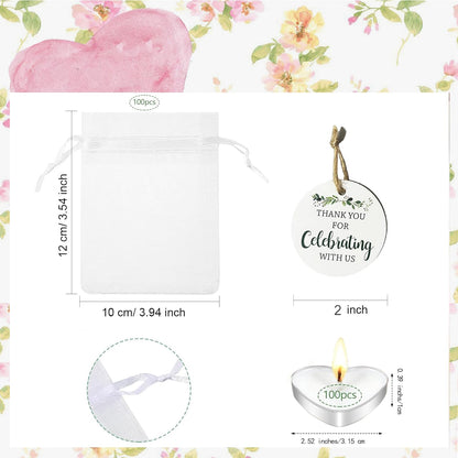 100 Sets Wedding Gifts for Guests Heart Shaped Candles Mini in Organza Bags with Thank You Cards, Party Favors for Bridal Shower, Birthday Party, Wedding Anniversary, Baby Shower Decorations