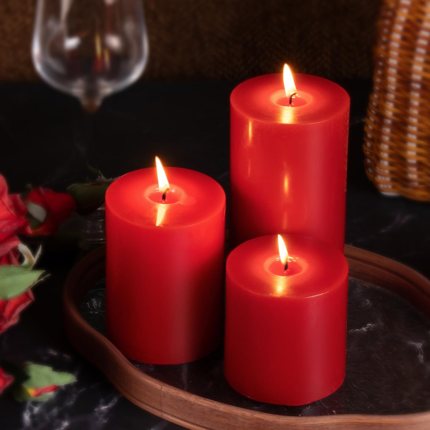 KONNI Red Pillar Candles Set of 3, 3"x 4" Unscented Pillar Candles Bulk, 39 Hours Long Burning Candles, Smokeless and Dripless Large Round Candle for Wedding, Home Decoration, Parties, Spas, Dinner