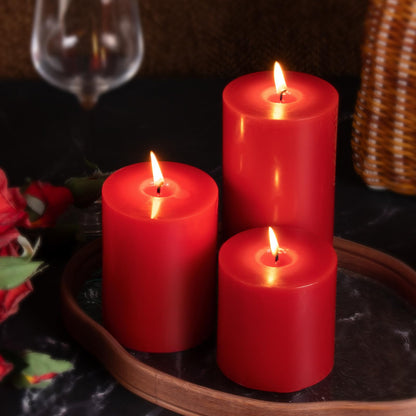 KONNI Red Pillar Candles Set of 3, 3"x 4" Unscented Pillar Candles Bulk, 39 Hours Long Burning Candles, Smokeless and Dripless Large Round Candle for Wedding, Home Decoration, Parties, Spas, Dinner