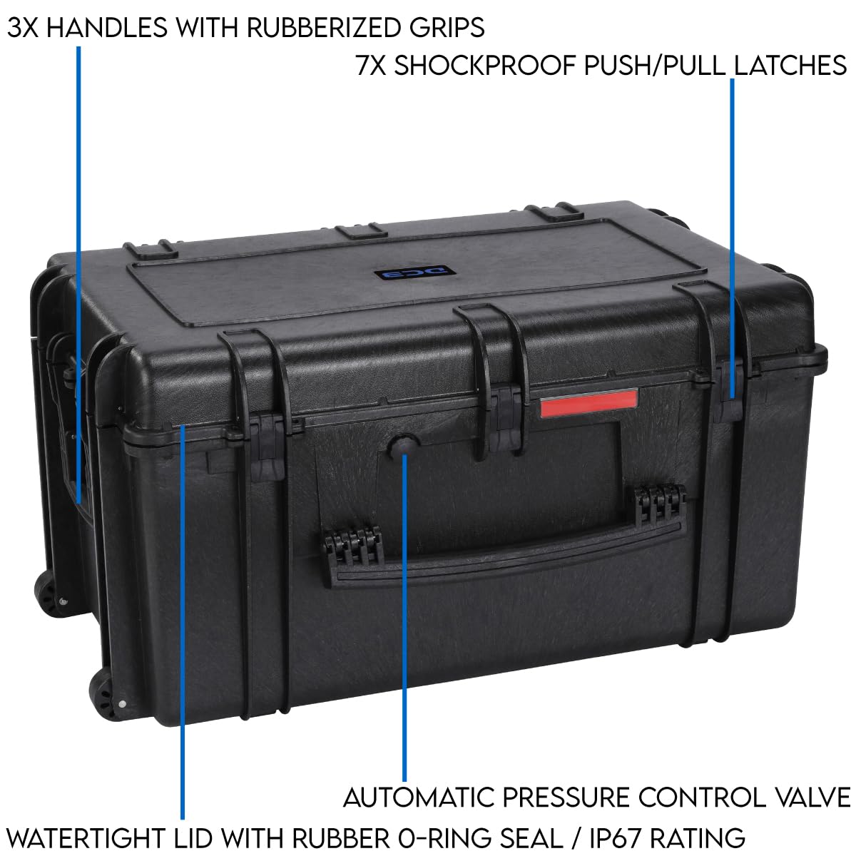 DCB Cases - Element 8505F | 34 x 22 x 17 Ext Dim | Waterproof | Pluck Foam Insert | Telescoping Handle | Rubberized Grips | Resin-Reinforced Injection Molded Plastic | 7 Latch Lid Close | Wheels