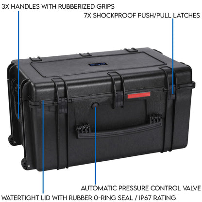 DCB Cases - Element 8505F | 34 x 22 x 17 Ext Dim | Waterproof | Pluck Foam Insert | Telescoping Handle | Rubberized Grips | Resin-Reinforced Injection Molded Plastic | 7 Latch Lid Close | Wheels