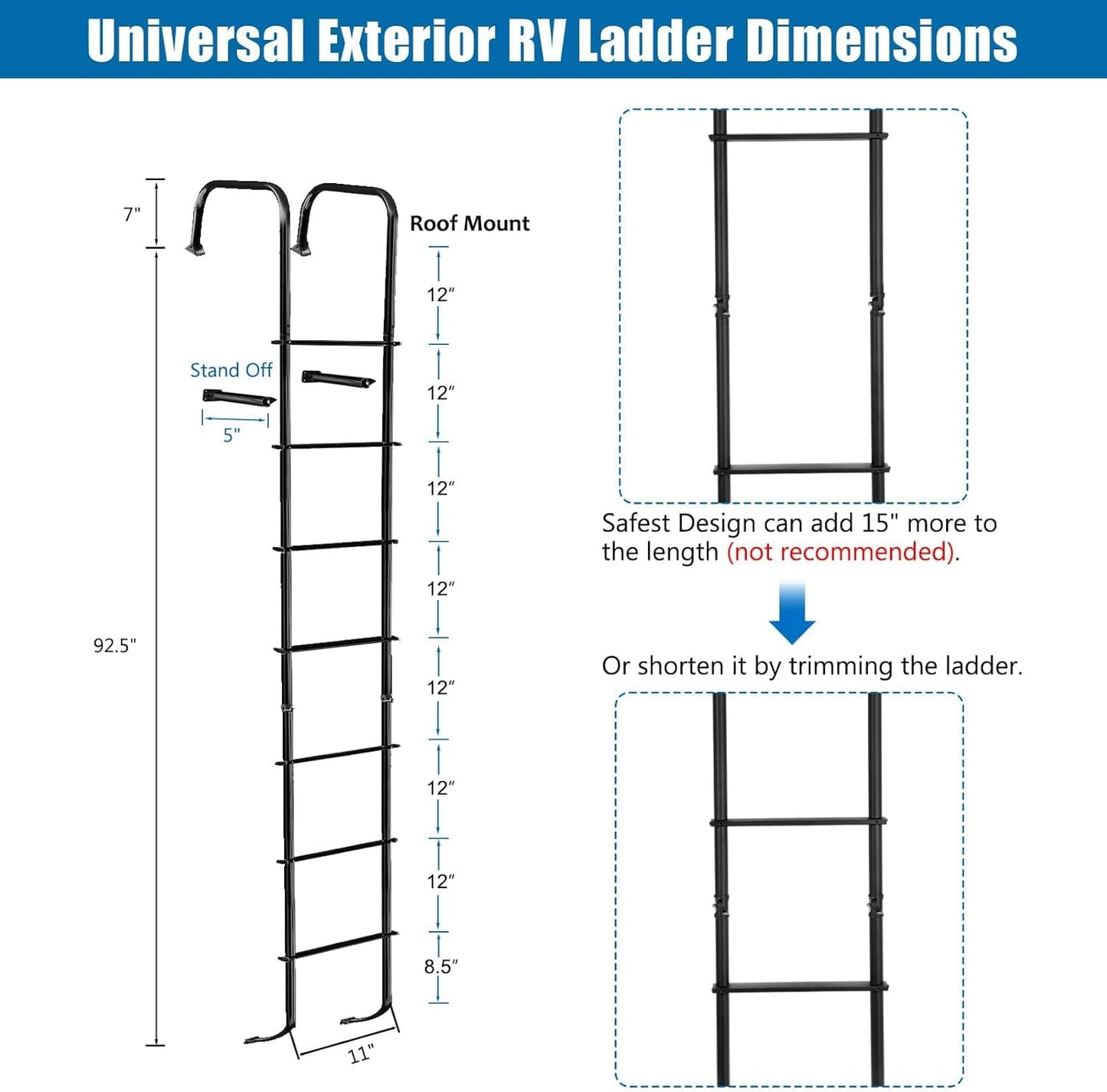 OUTPRIZE Universal Exterior RV Ladder, 7.6FT-8.4FT Aluminum Travel Trailer Ladder, 250lbs Capacity, Black
