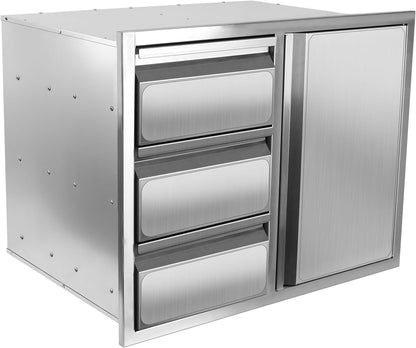 Outdoor Kitchen Drawer Combo, Stainless Steel Sealed Storage Combo with Triple Drawers, Outdoor Kitchen for BBQ Island, Grilling Station, Outside Cabinet (27.8" W x 21.8"D x 19.6" H)（Left Drawer）