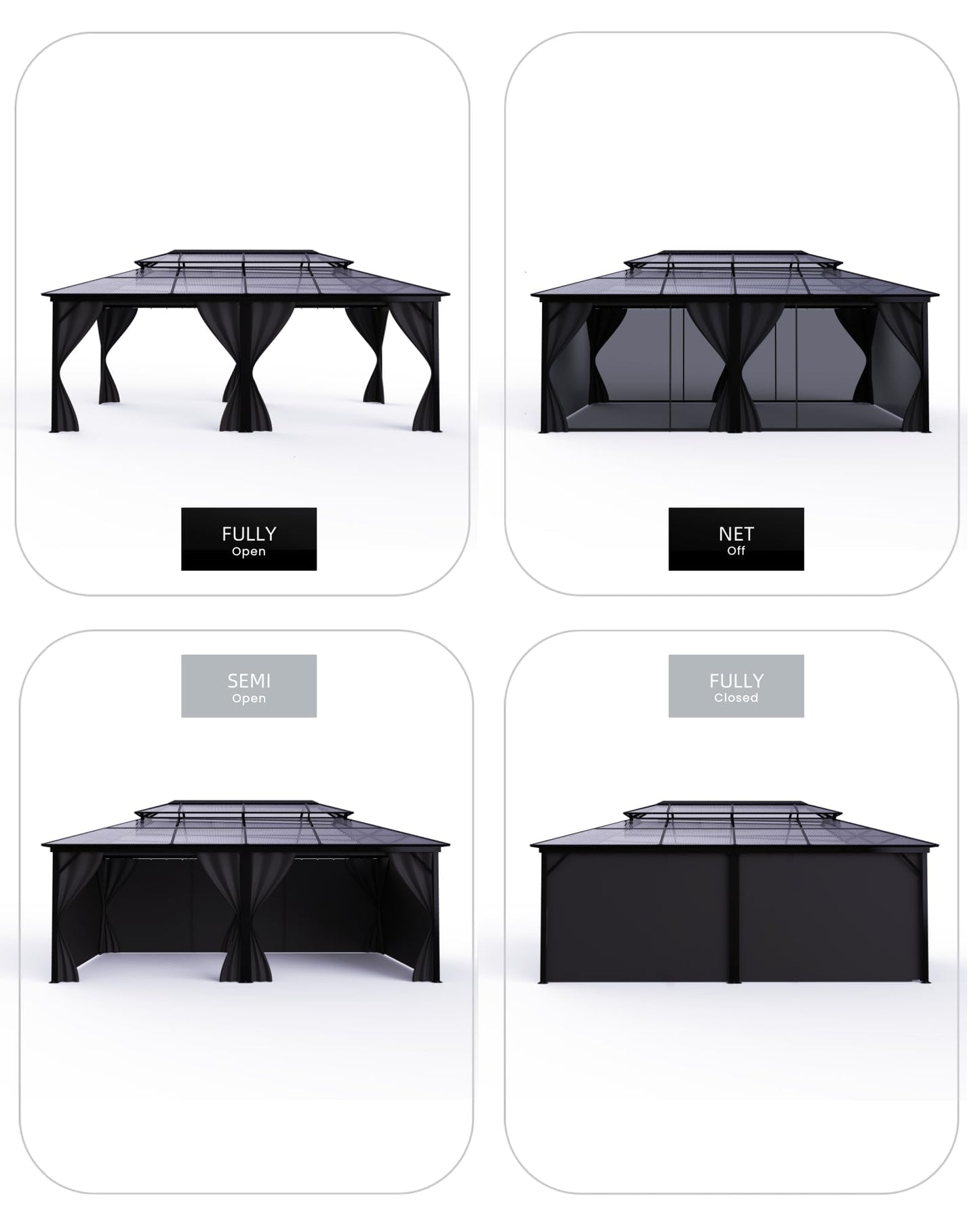 PeakPursuit All-Weather Hardtop Gazebo 12'x20' – Double Polycarbonate Roof, Durable Aluminum Alloy Frame, Netting & Curtains, Permanent Outdoor Pavilion for Patio, Deck, Backyard, Lawn, Garden, Gray