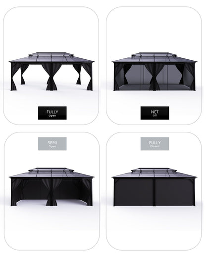 PeakPursuit All-Weather Hardtop Gazebo 12'x20' – Double Polycarbonate Roof, Durable Aluminum Alloy Frame, Netting & Curtains, Permanent Outdoor Pavilion for Patio, Deck, Backyard, Lawn, Garden, Gray