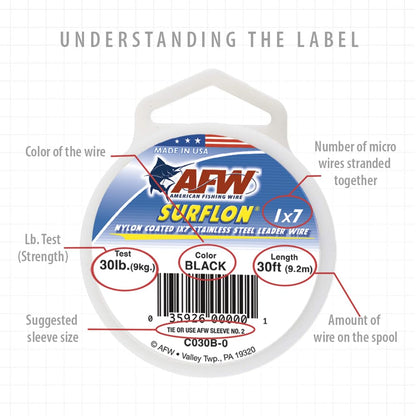 American Fishing Wire Surflon Nylon Coated 1x7 Stainless Steel Wire Leader - Wire Fishing Leader Line for Saltwater 10lb Up To 250lb Test in Bright, Black, Camo in 30ft, 100ft, 300ft, & 1000ft Lengths
