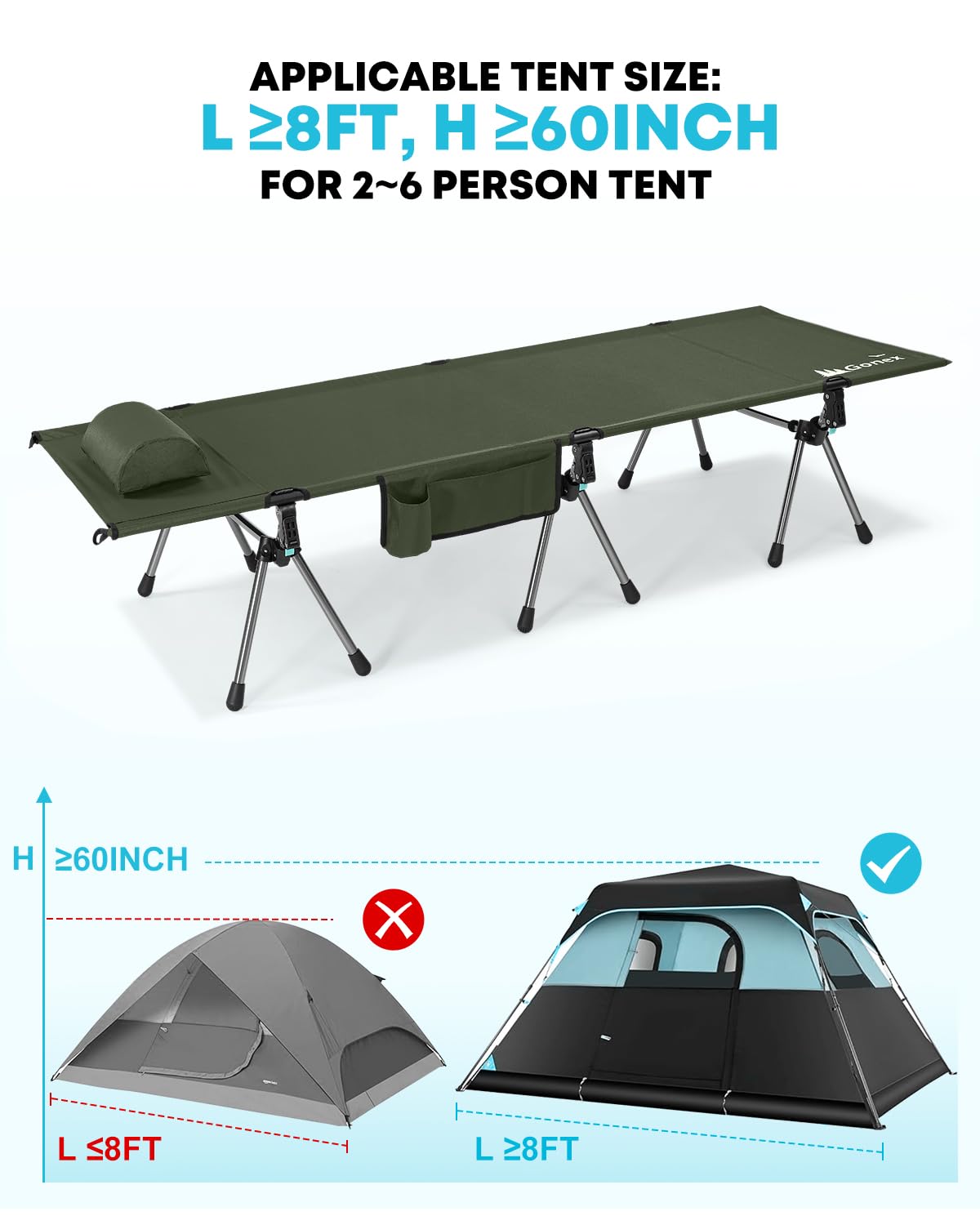 Gonex 31.5" Extra Wide Camping Cot with Leg Extenders 2 in 1 Portable Folding Cot for Adults Height Adjustable Supports 350lbs Sleeping Bed for Backpacking Travel Beach Home (Army Green)