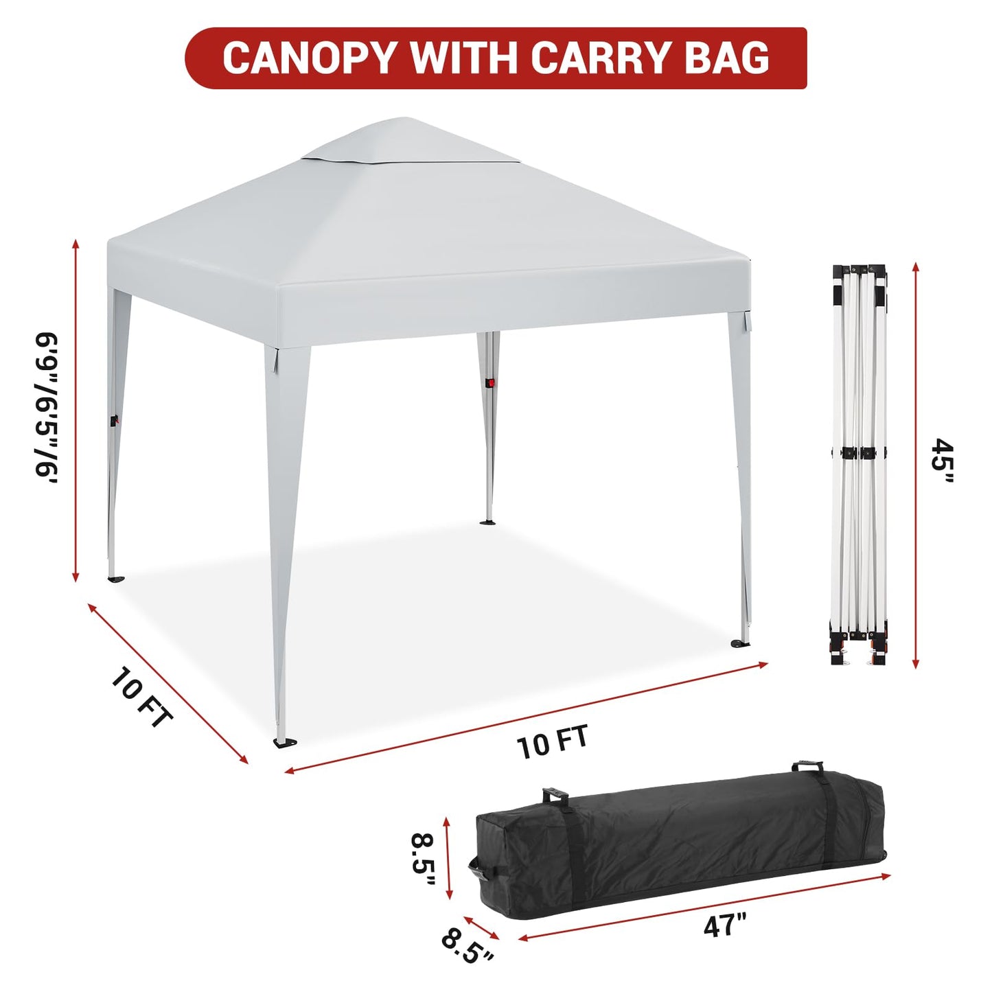 10 x 10 FT Pop Up Canopy Tent, Height Adjustable Sun Shade Shelter with Top Vent, Commercial Portable Instant Canopy with Wheeled Carry Bag, Waterproof Party Tent for Patio, Garden, White