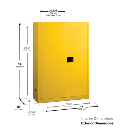 Justrite 45 Gallon Manual Close Flammable Storage Cabinet, 18 Gauge Steel, 2 Shelves, 2 Door Fire Cabinet, 65" x 43" x 18", Made in The USA, Yellow, 894500