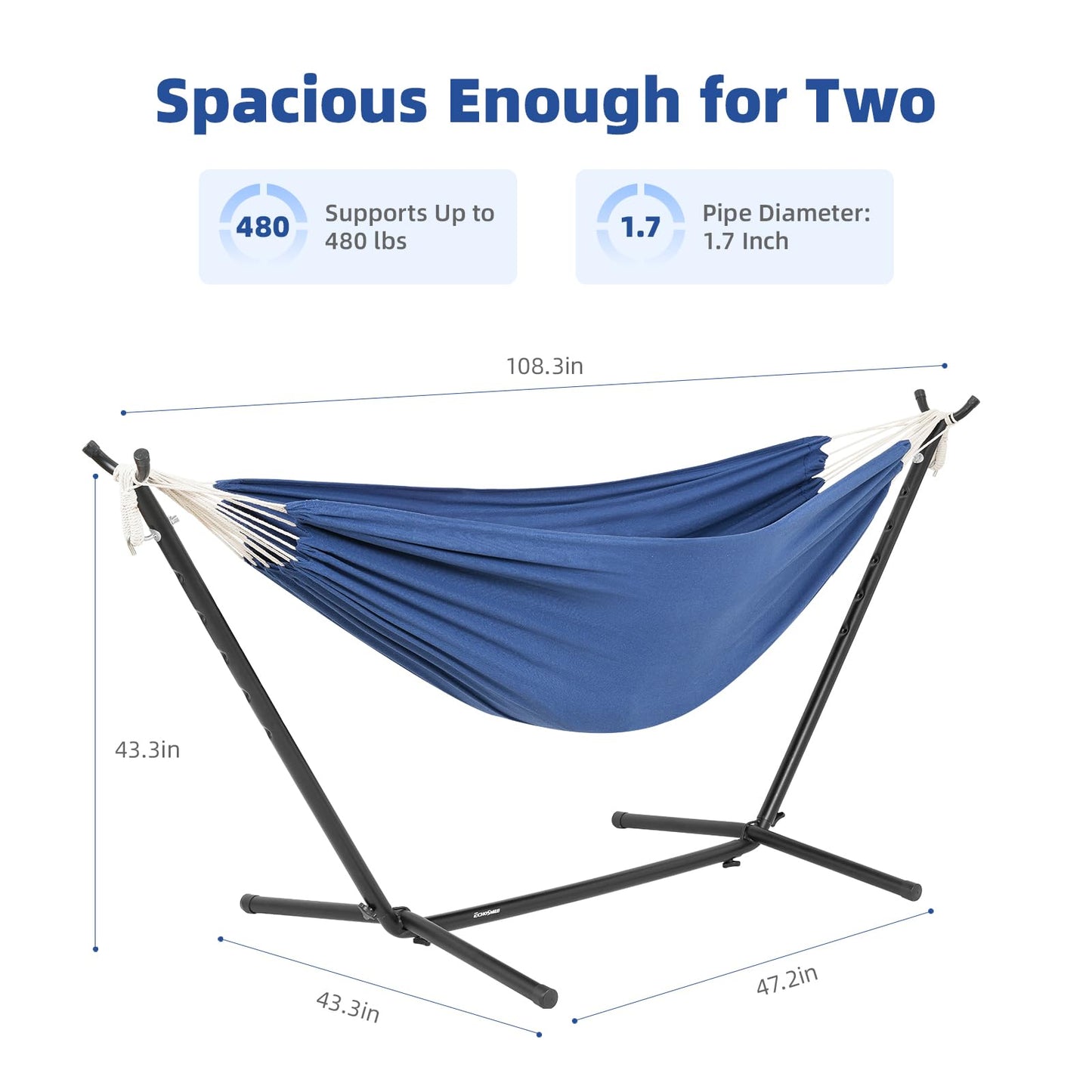 EchoSmile Double Hammock with Detachable Stand - 480 lbs Heavy Duty 2 Person Adjustable Hooks Indoor Outdoor Stand Hammock Durable Steel Frame, Blue