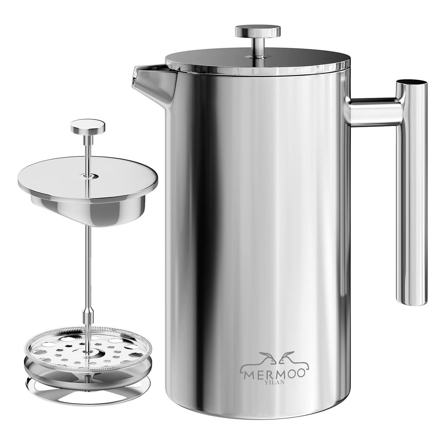 MERMOO YILAN French Press 34oz Insulated Stainless Steel Coffee Maker Unbreakable Coffee Press Easy to Clean for Home, Camping, Travel (Black)
