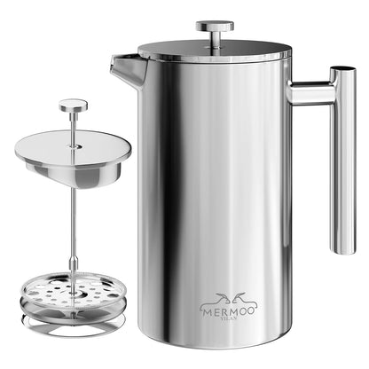 MERMOO YILAN French Press 34oz Insulated Stainless Steel Coffee Maker Unbreakable Coffee Press Easy to Clean for Home, Camping, Travel (Black)