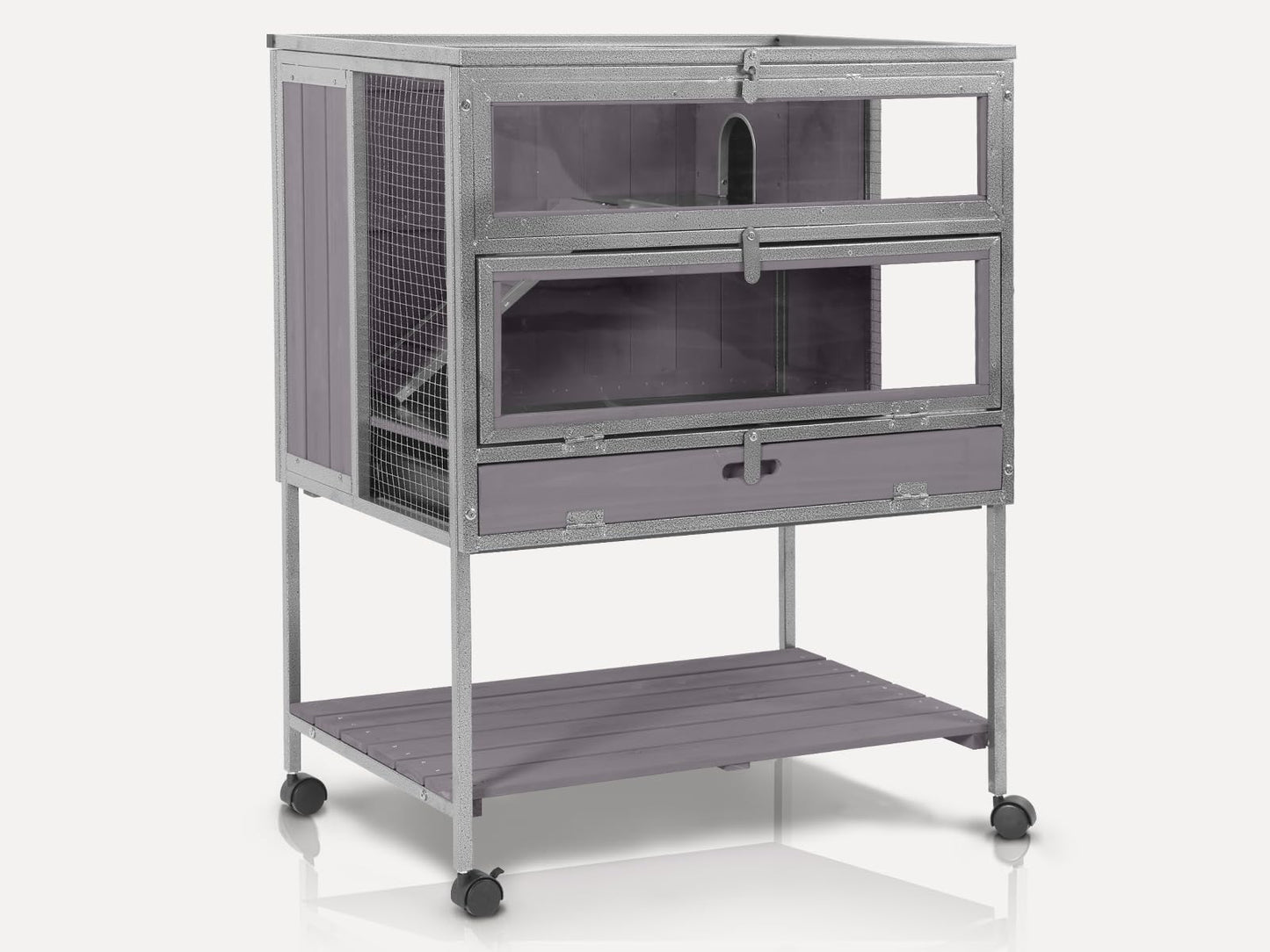 MEDEHOO Guinea Pig Cage, Moveable Metal Frame Hamster Cage Anti-Chewing with Aluminium Alloy Edge, Hideouts, Ramps, Seesaws Chewing Toy, Deeper Pull-Out Leakproof Tray for Indoor Outdoor(Grey)