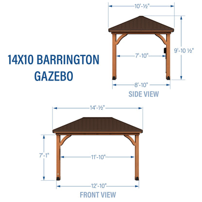 Backyard Discovery Barrington 14' x 10' Cedar Wood Outdoor Gazebo Pavilion with Hardtop Galvanized Steel Hip Roof, Snow Support, Wind Resistance, PowerPort, Shade for Garden, Patio, Deck, Entertaining