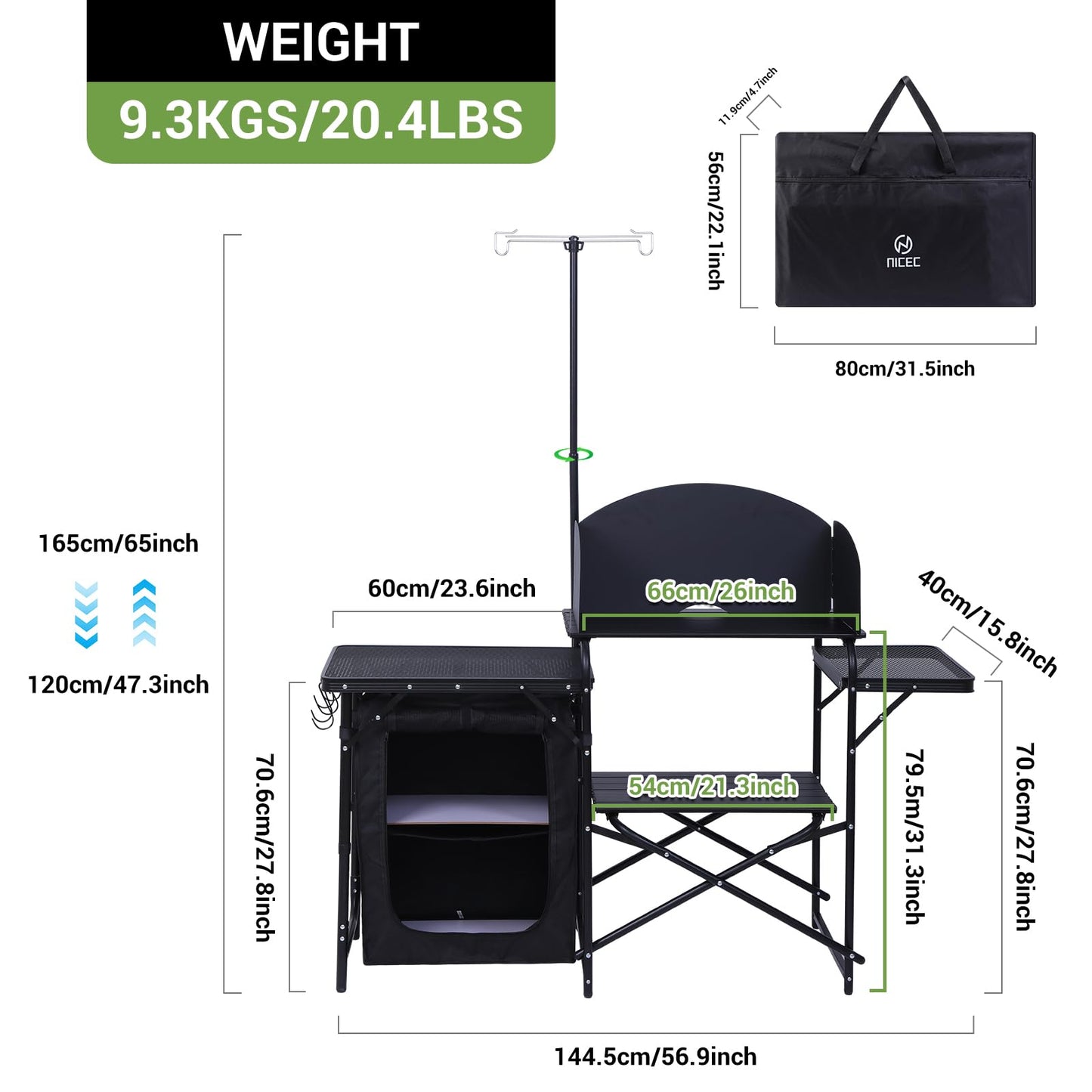 Nice C Camping Kitchen Station, Camping Table, Picnic Table, Portable Grill Table, Folding Cook Table, Upgrade Light Stand and Windshield Station & Organizers, Carry Bag for Beach, Picnic (Black)
