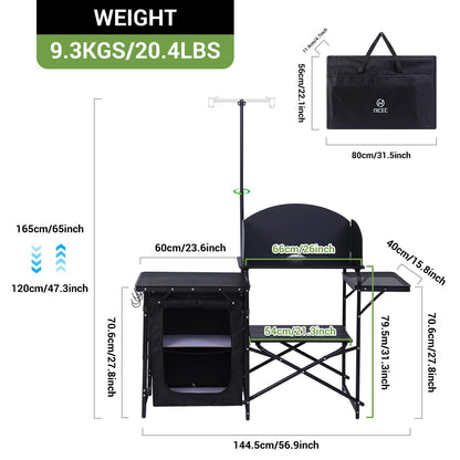 Nice C Camping Kitchen Station, Camping Table, Picnic Table, Portable Grill Table, Folding Cook Table, Upgrade Light Stand and Windshield Station & Organizers, Carry Bag for Beach, Picnic (Black)