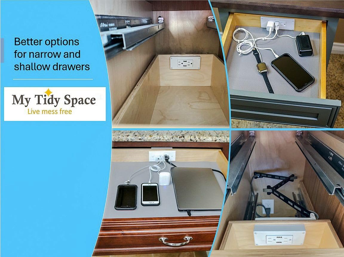 Compact in-Drawer Outlet with Cord Management Arm (2) USB-A Ports (2) 15 Amp Plugs fits Narrow and Shallow Drawers