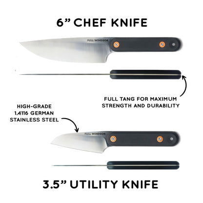 FULL WINDSOR - MagKnives Magnetic Camping Cutting Board and Knife Set - Portable Camping Kitchen Prep Kit with 2 Wood Cutting Boards, 6" Chef Knife, 3.5" Utility Knife, Carry Bag for Outdoor Cooking
