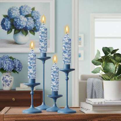 5 Inch Blue Flowers Chunky Taper Candles Short Handmade Blue and White Candle Sticks Smokeless Unscented Tapered Candles for Blue Wedding Present Spa Meditation Housewarming Home Decoration