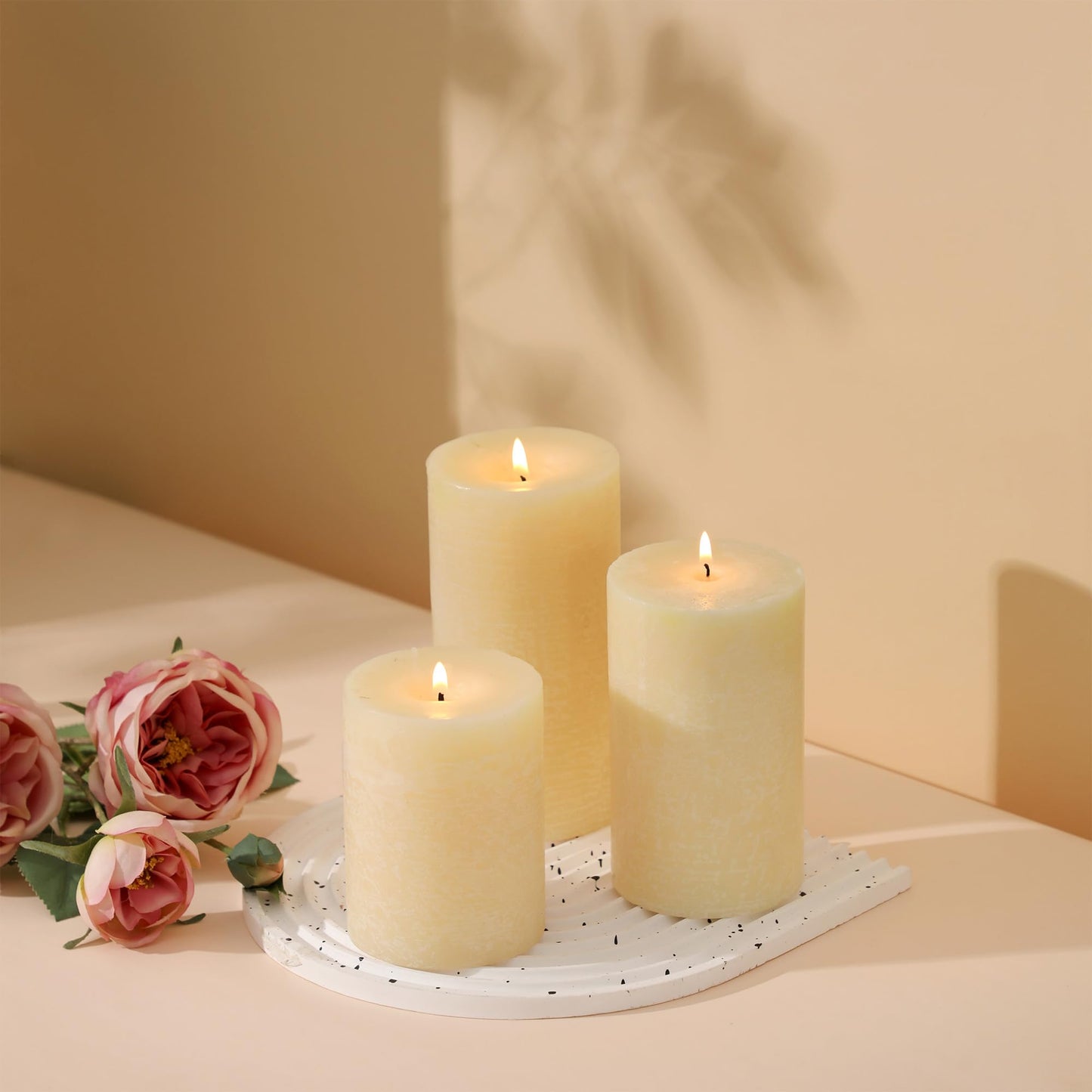 Ivory Pillar Candles Set of 3 - Hand-Poured Unscented Candles,Smokeless Dripless Candles for Dinner Table and Home, Set of 3 in Different Sizes (3"x4", 3"x5", 3"x6")