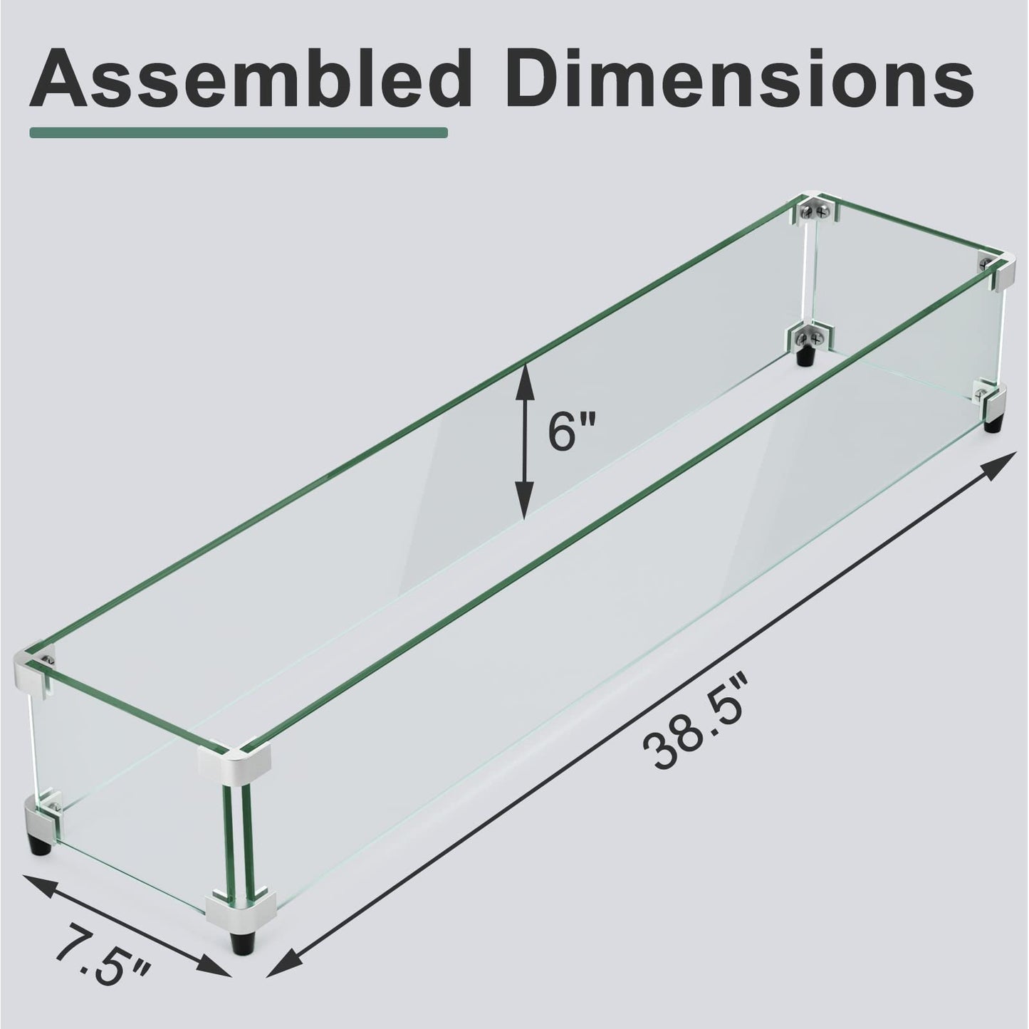 GASPRO 38.5 x 7.5 Inch Glass Wind Guard for Rectangular Fire Pit Table, Thick and Sturdy Tempered Glass Panel with Hard Aluminum Corner Bracket & Rubber Feet, Easy to Assemble
