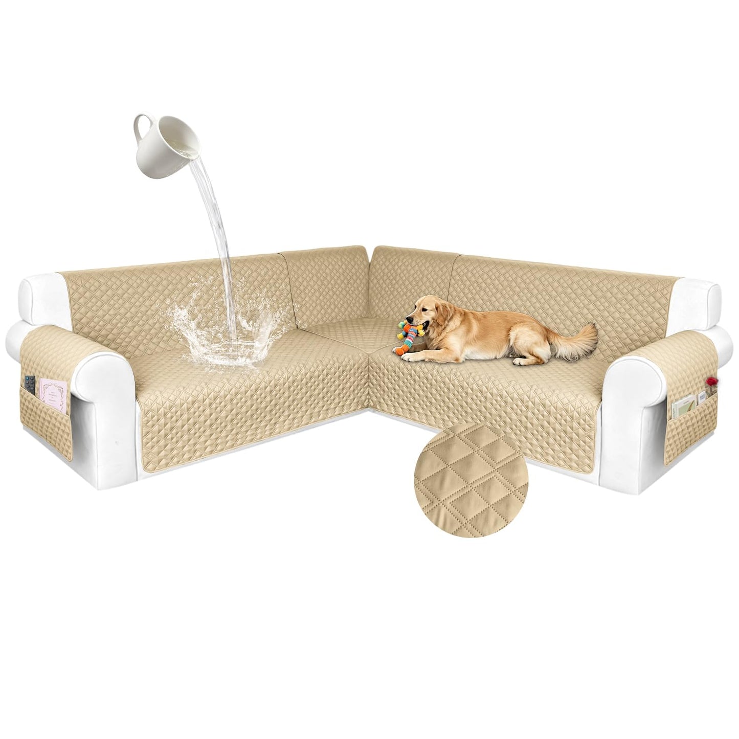 HYZOTEX Waterproof Sectional Couch Cover for Dogs, Extra Large L Shape Corner Sofa Cover, Non-Slip Washable U Shaped Sofa Slipcovers Furniture Protector (XX-Large, Fossil)