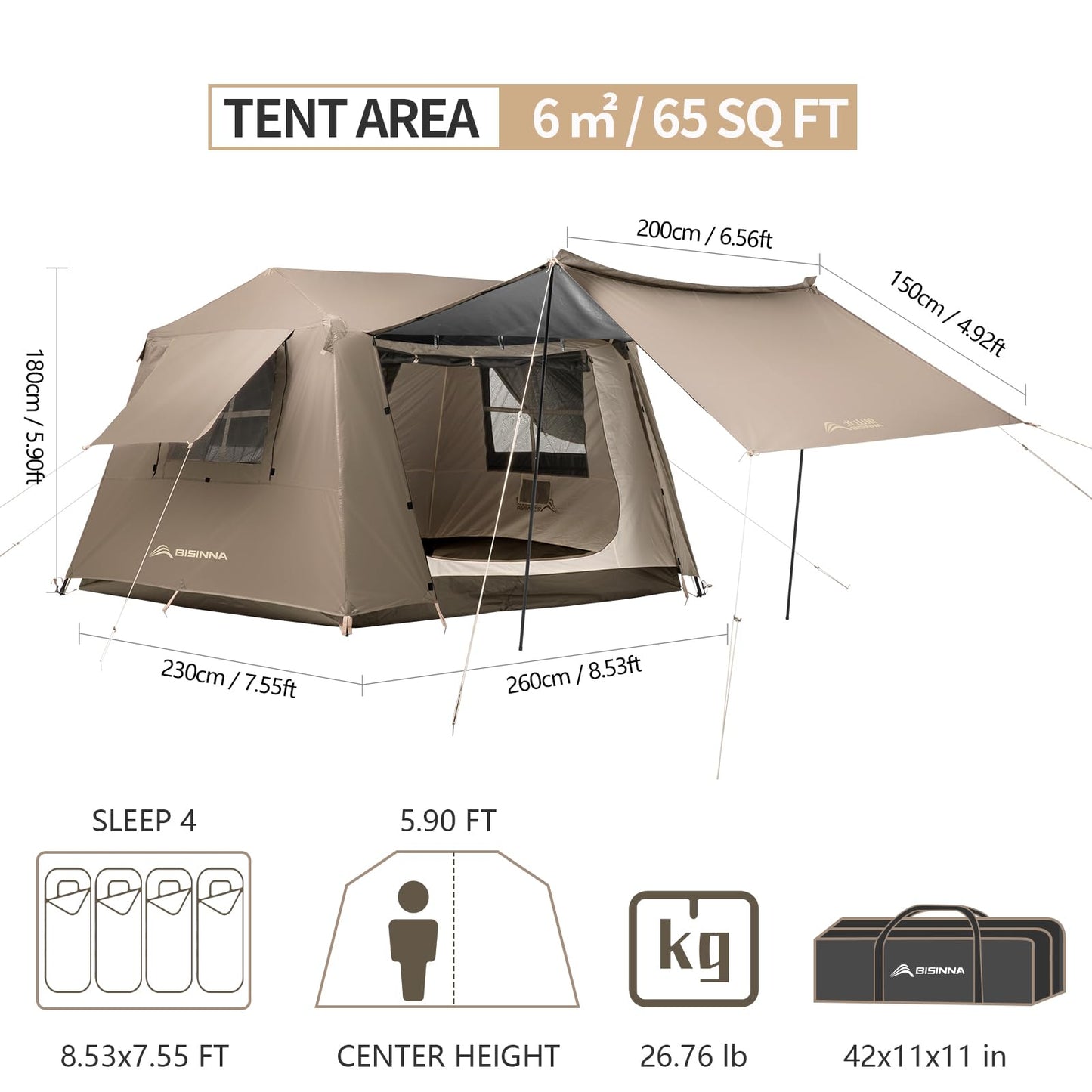 BISINNA 4 Person Camping Tent Family Cabin Tents with Full Rainfly Waterproof Large Double Layer Glamping Tent for Car Camping Outdoor Picinic