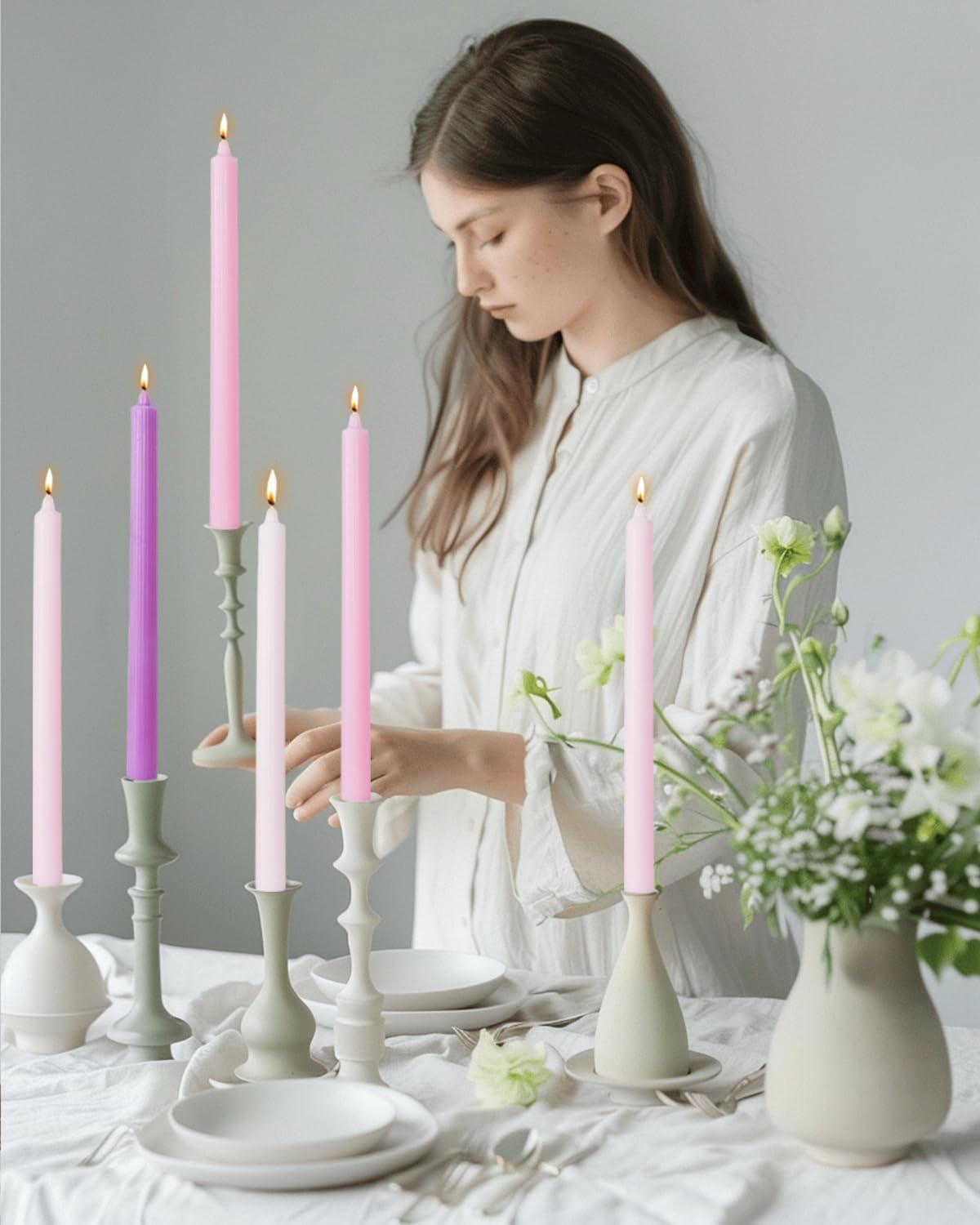 LPUSA Pink Taper Candles 10.5 inch Pastel Candle Sticks Unscented Driples Tapered Candle Ideal as Dinner Candles Smokeless Long Burning,Set of 12