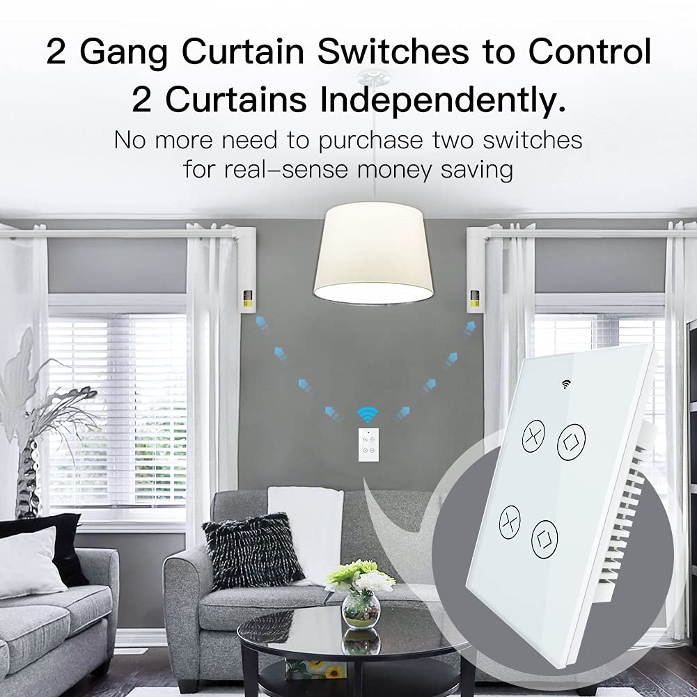 MOES Smart WiFi RF 2 Gang Double Curtain Blind Touch Switch for Roller Shutter Electric Motor Tuya Smart Life App, Voice Control with Google Home Alexa Voice Control, White