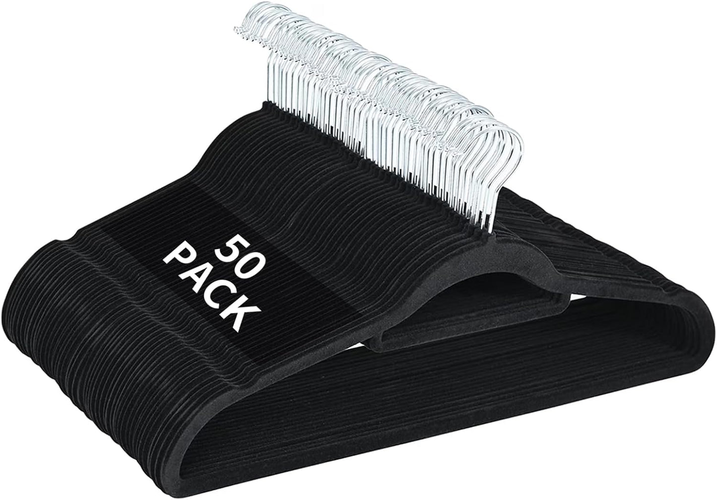 Skiennix Velvet Hangers - 50 Pack Heavy Duty Non-Slip Space-Saving Coat Hangers | Black with 360° Rotating Hook