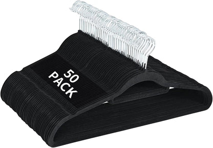 Skiennix Velvet Hangers - 50 Pack Heavy Duty Non-Slip Space-Saving Coat Hangers | Black with 360° Rotating Hook