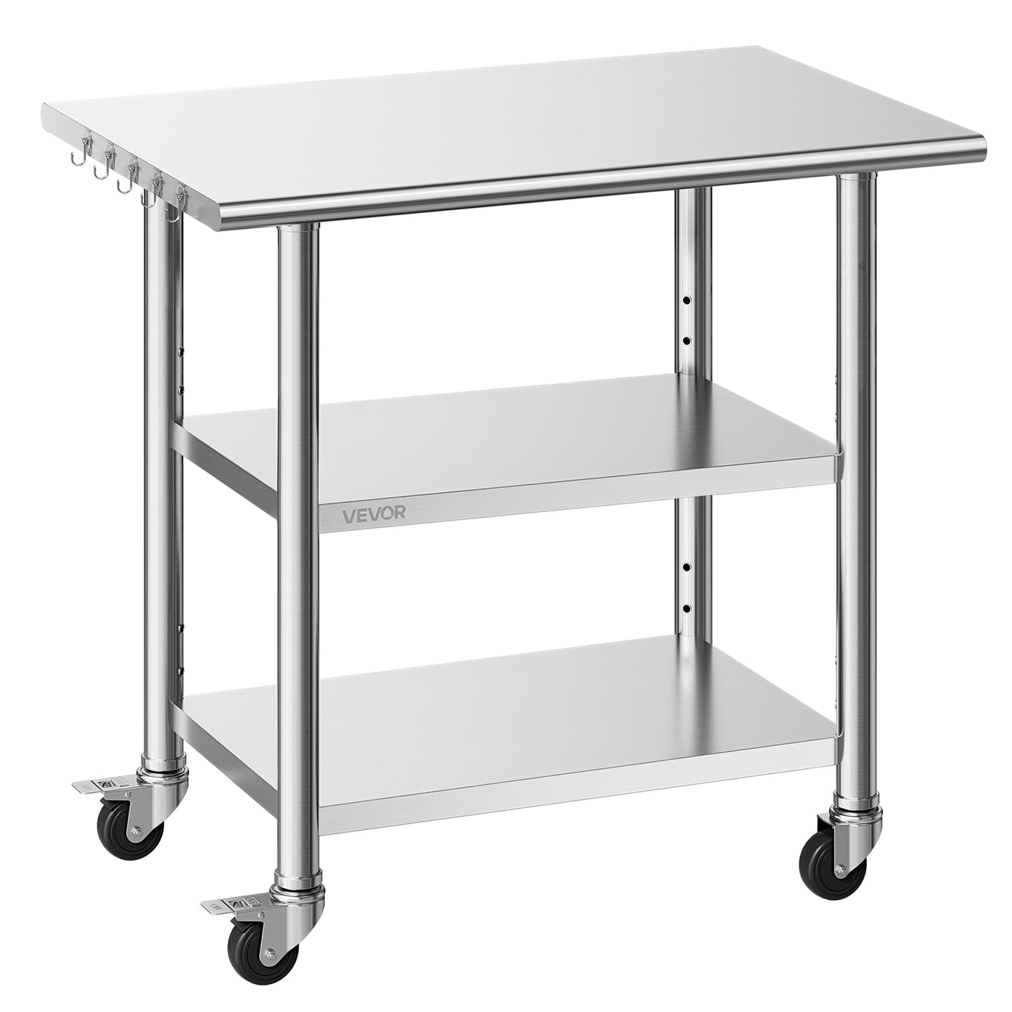 VEVOR Stainless Steel Work Table, 24x36 Inch Food Prep Table with 2 Shelves and Wheels, Commercial Kitchen Workstation, Metal Heavy Duty Utility Worktable, for Restaurant Home Hotel Garage Outdoor