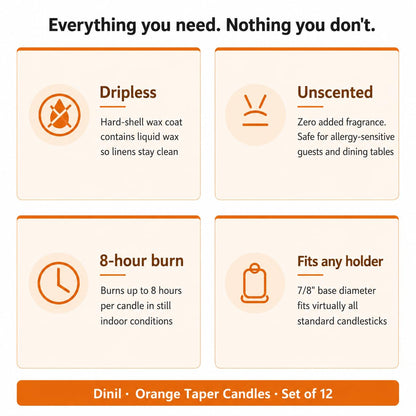 Dinil Orange Taper Candles - 10 Inch Unscented Dripless Smokeless Candlesticks Set of 12 | Perfect for Fall, Halloween, Thanksgiving, Dinner, Wedding and Party Decoration