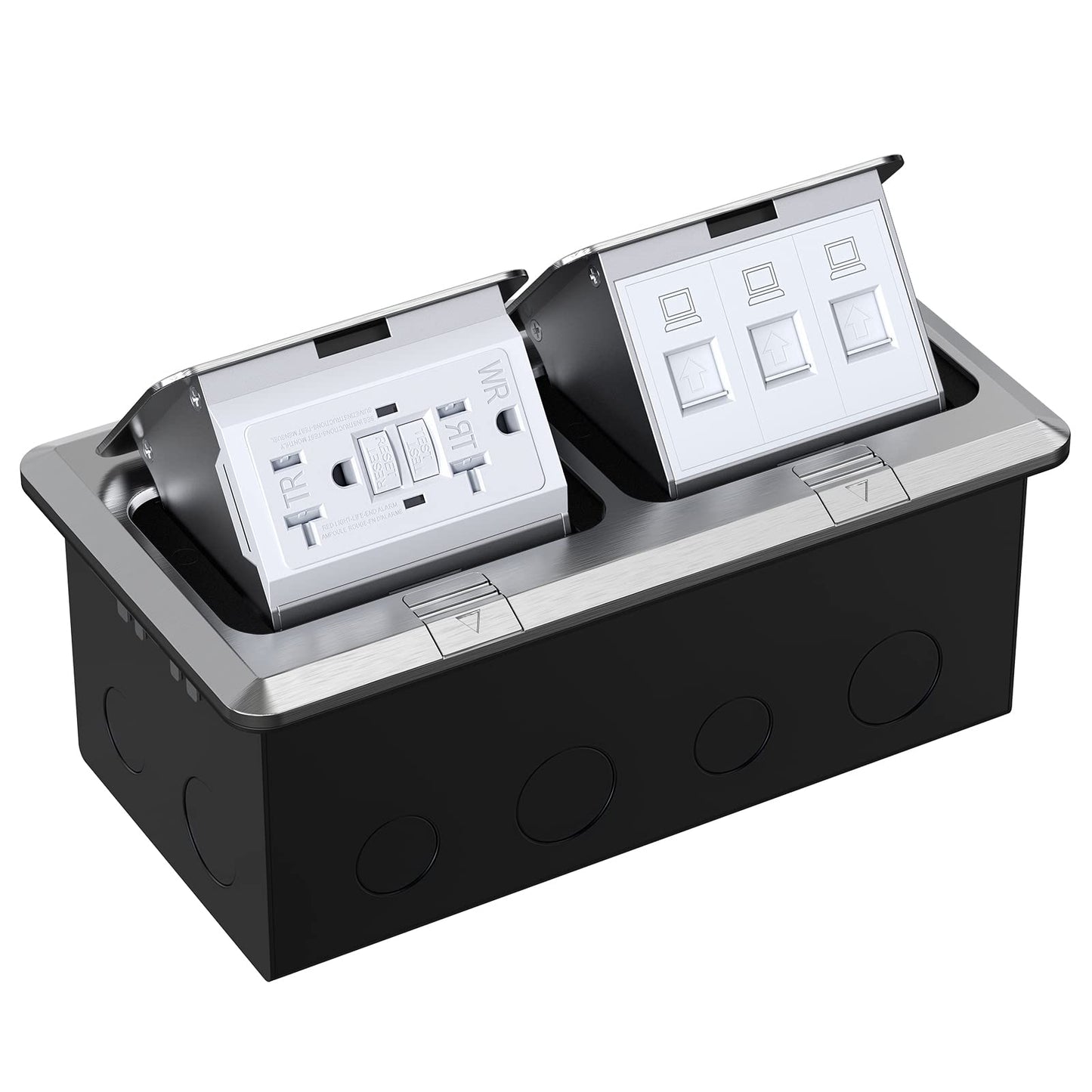 WEBANG Dual Pop-Up Floor Box Electrical Kit, 20 Amp Stainless Steel GFCI Tamper/Weather Resistant Receptacle Outlet, 3-Port RJ45 Datacom Receptacle, Brushed Nickel