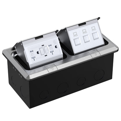 WEBANG Dual Pop-Up Floor Box Electrical Kit, 20 Amp Stainless Steel GFCI Tamper/Weather Resistant Receptacle Outlet, 3-Port RJ45 Datacom Receptacle, Brushed Nickel