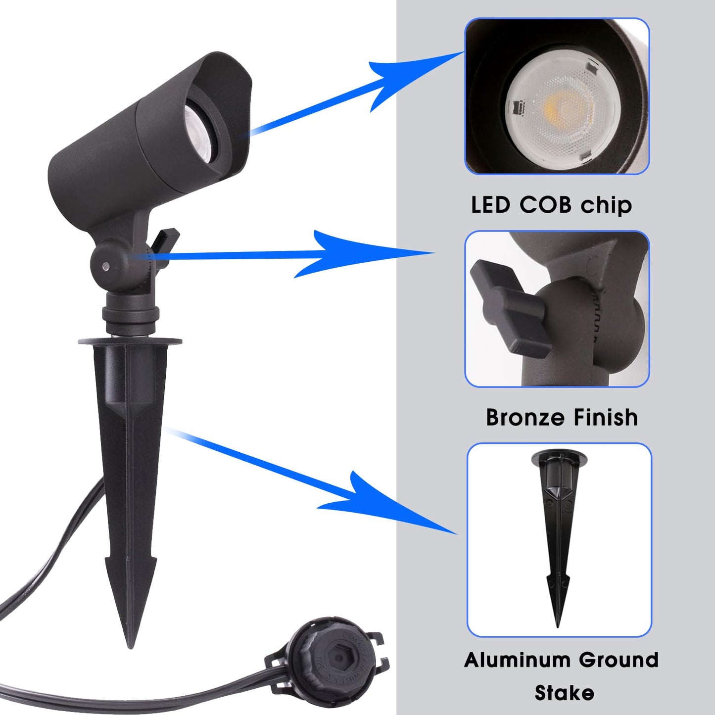 E ENERGETIC LIGHTING LED Landscape Lights with Connectors, 12V Low Voltage, Warm White 3000k, 4W, 175LM, Outdoor Waterproof Garden Pathway Lights Wall Tree Flag Spotlights with Spike Stand, 6 Pack