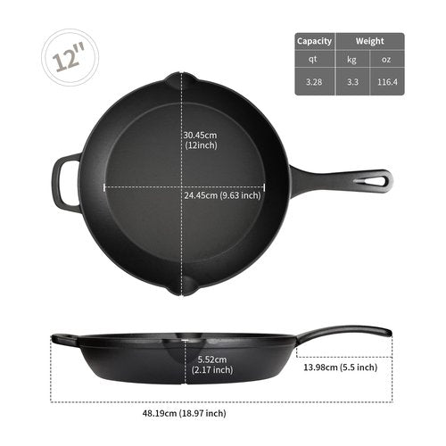 CUISGUSTO 12-Inch Large Pre-Seasoned Cast Iron Skillet, Nonstick Frying Pan for Family-Size Meals, Oven Safe Cookware, Perfect for Christmas Holiday Dinner