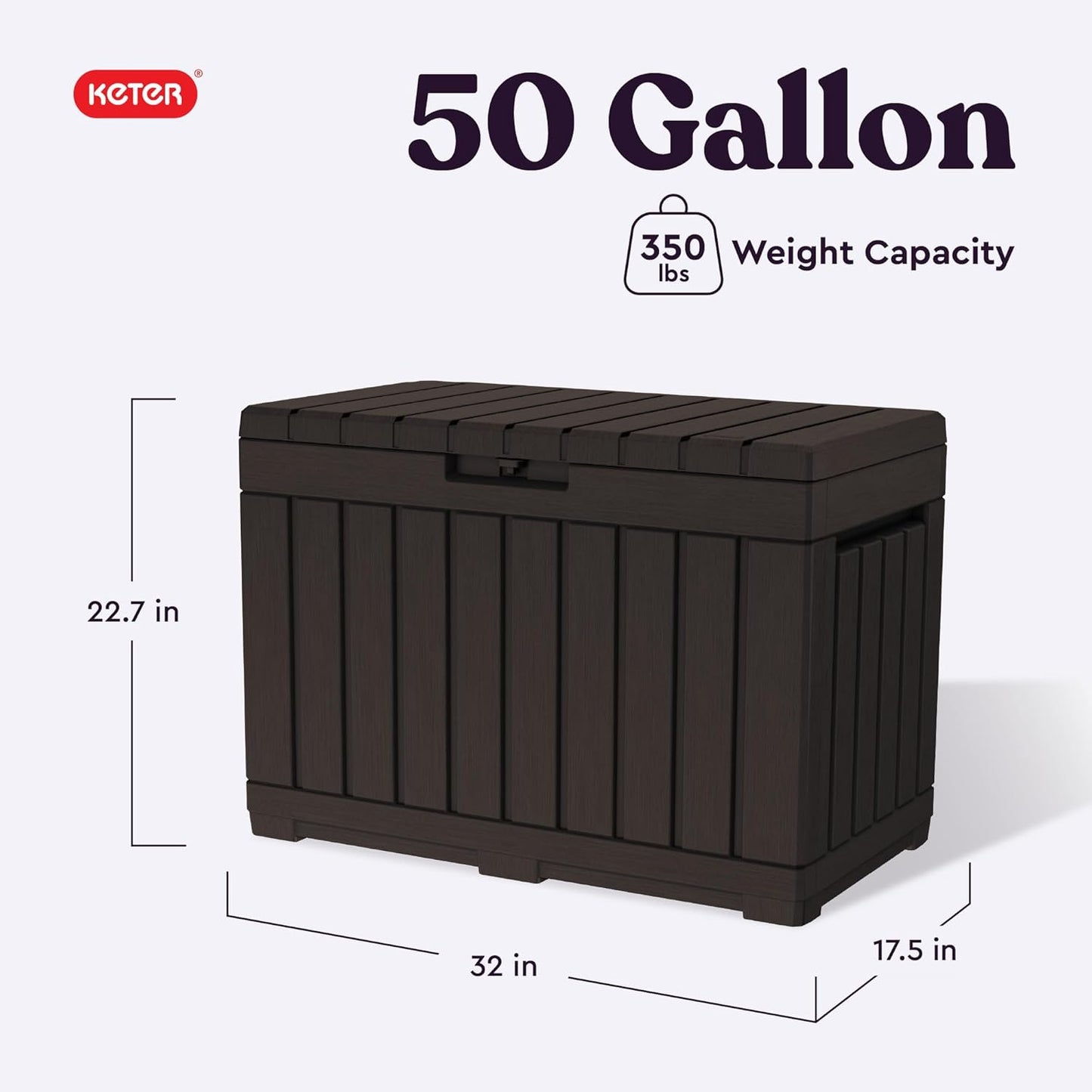 Keter Kentwood 50 Gallon Resin Deck Box - Stylish Outdoor Storage for Cushions & Garden Tools | Brown