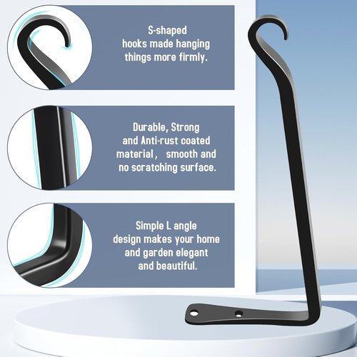 Feed Garden 12-Inch Hanging Plant Bracket - Decorative Wall Hooks for Outdoor Planters & Bird Feeders | Black (2-Pack)